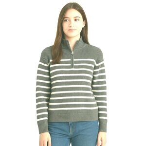 Styles & Co Size Large Polyester Pull Over Zip Long Sleeves Stripe Sweater Grey